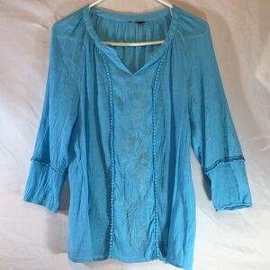 Turquoise Boho Embroidered Blouse | Flowy Resort Top Vacation Peasant Boho